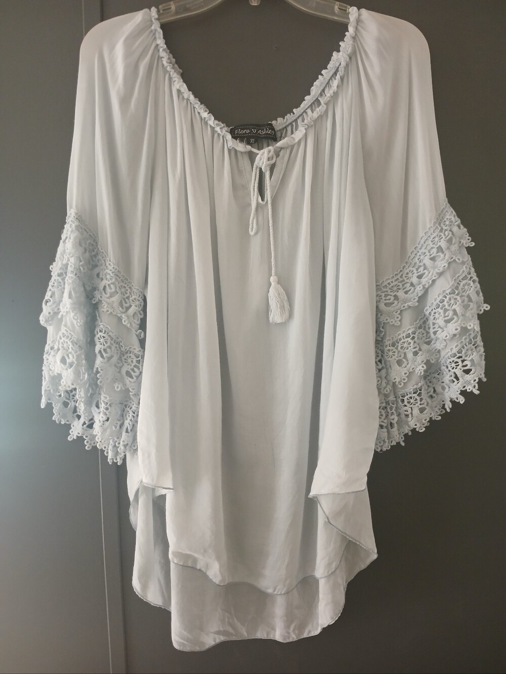 Flora Ashley bohemian peasant blouse, crochet lace sleeves, light blue, XL